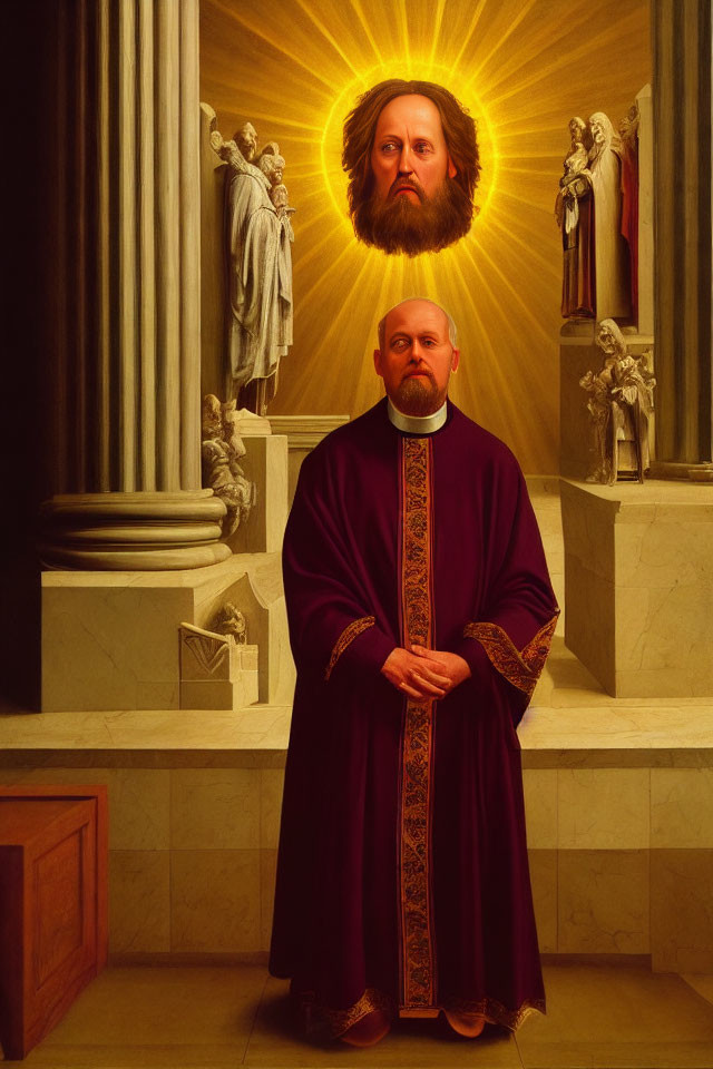 Man in Violet Clerical Robes with Haloed Visage Amid Statues and Columns