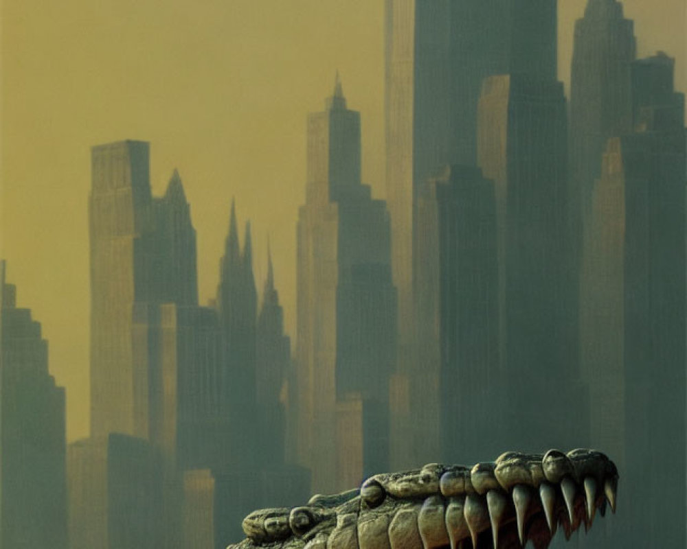 Enormous crocodile head against dystopian cityscape