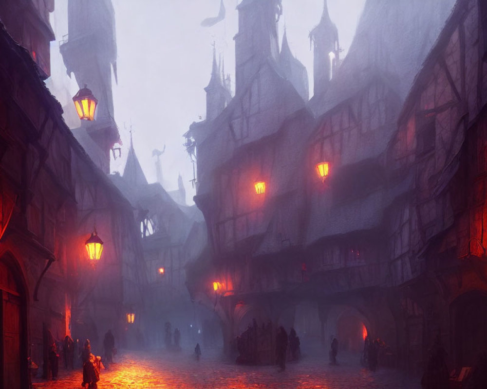 Medieval street at dusk with glowing lanterns & shadowy figures