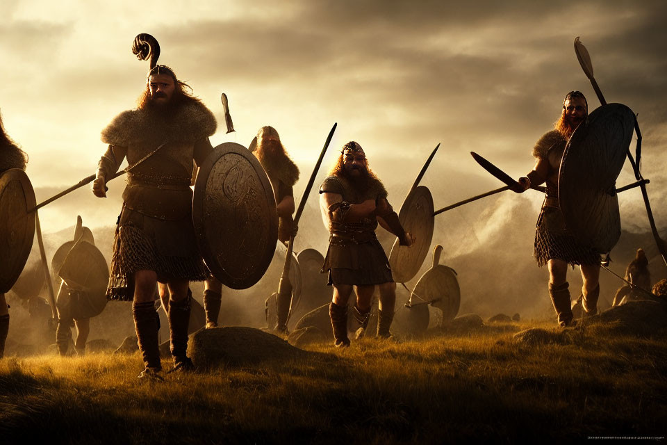 Viking warriors with shields and weapons in misty landscape