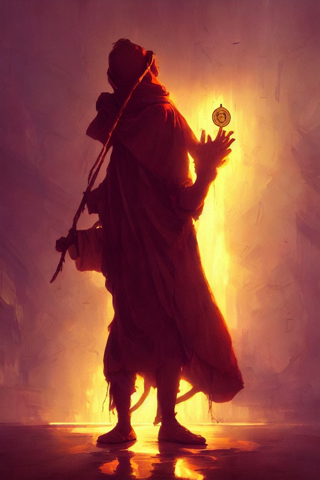 Hooded figure holding lit device in warm light