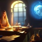 Woman at desk with books, quill, ink, gazing at swirling lion portal