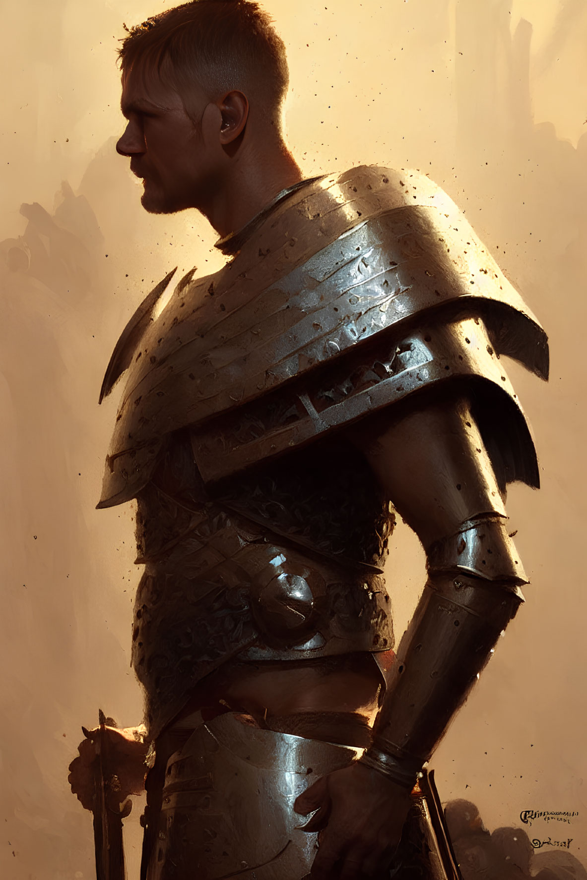 Profile of stern knight in detailed plate armor under warm light