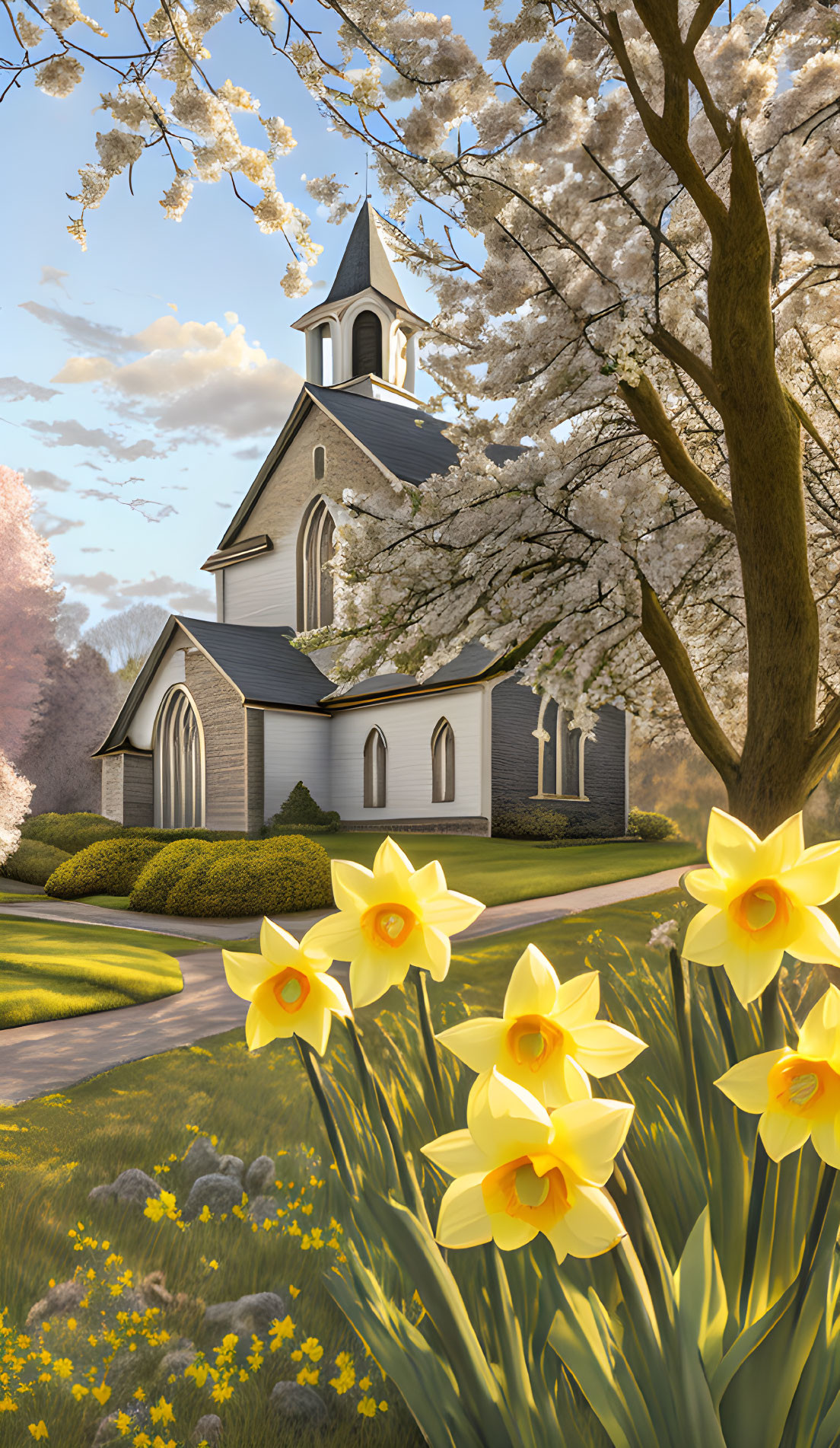 Charming church with blooming trees and daffodils
