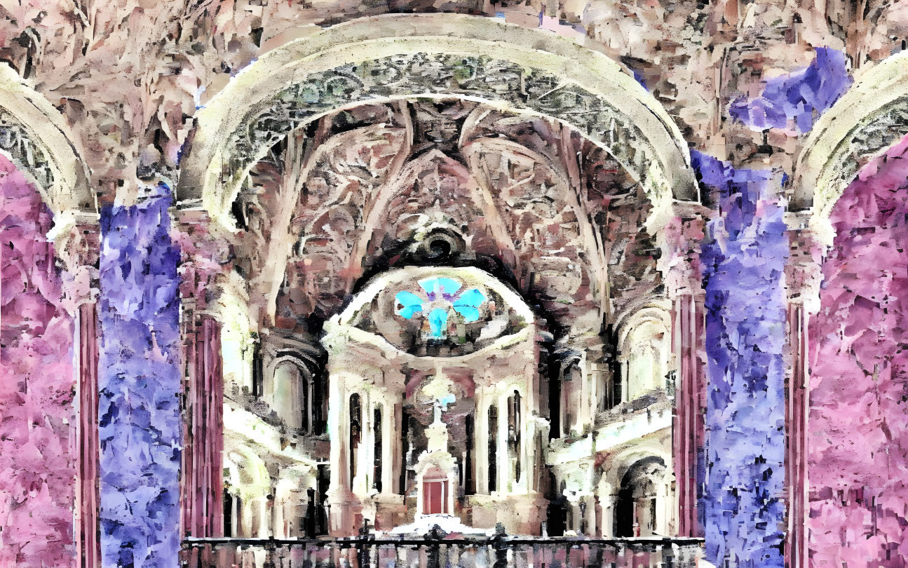 Ornate cathedral interior with arches and stained glass
