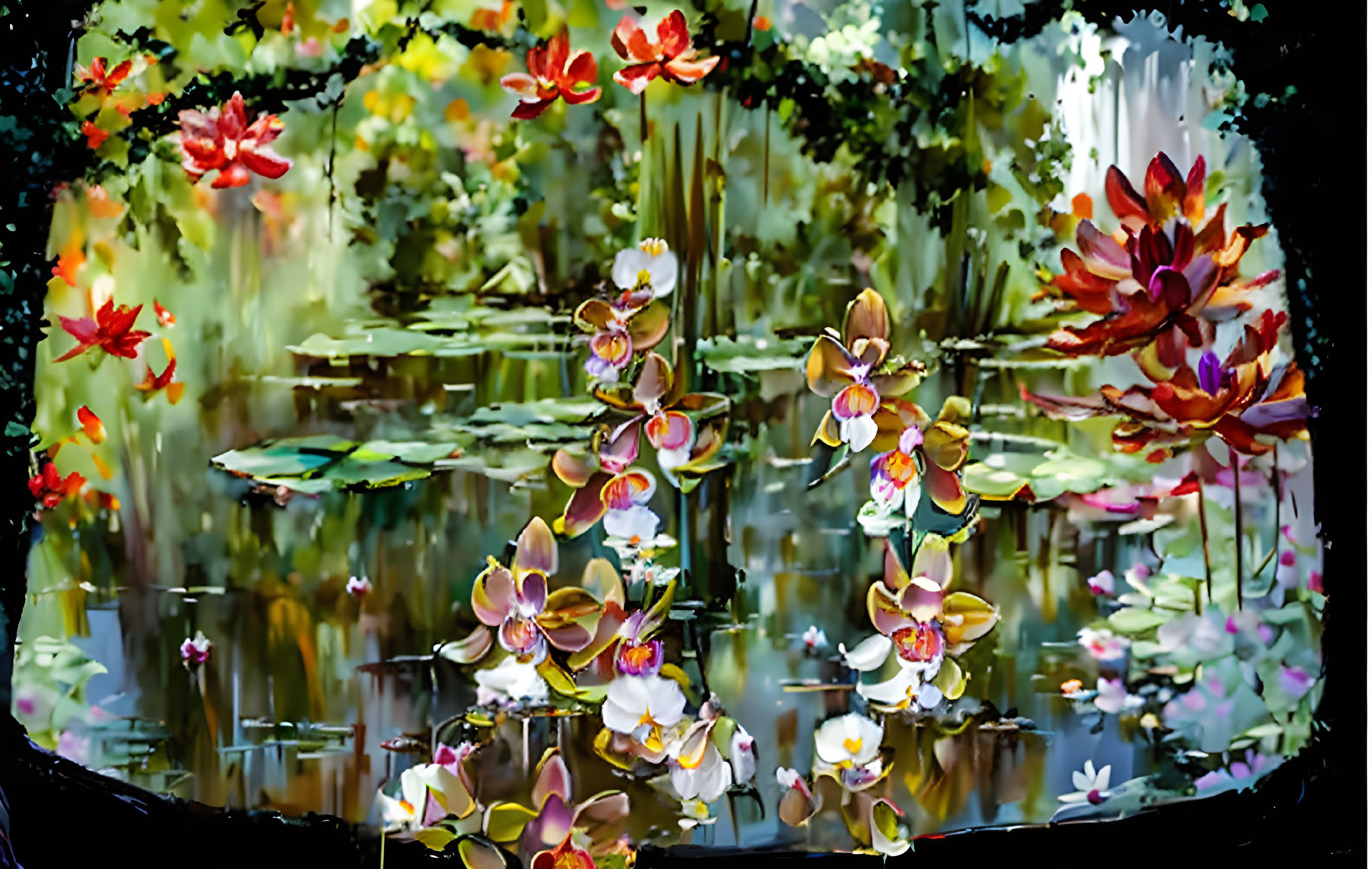 woodland lake with orchids and water lilies