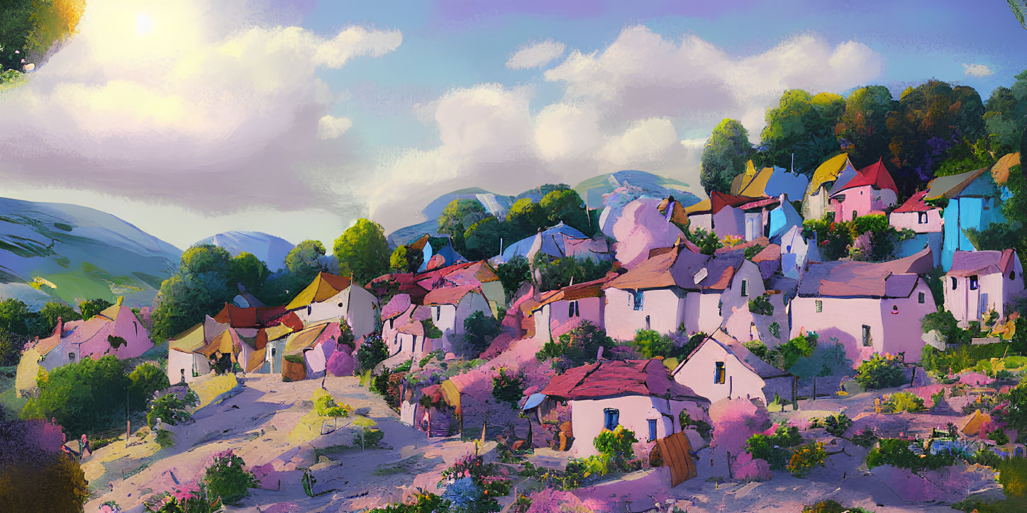 Traditional colorful village nestled in lush hills under warm sunlight