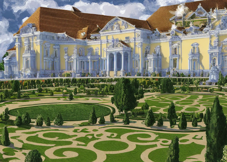 Yellow and White Baroque Palace with Formal Garden and Geometric Hedges