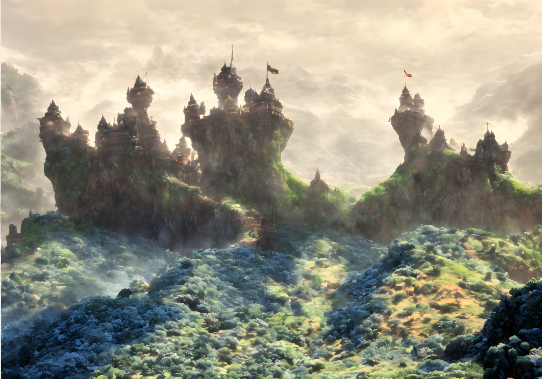 Misty fantasy landscape with mountains, castles, and glowing light