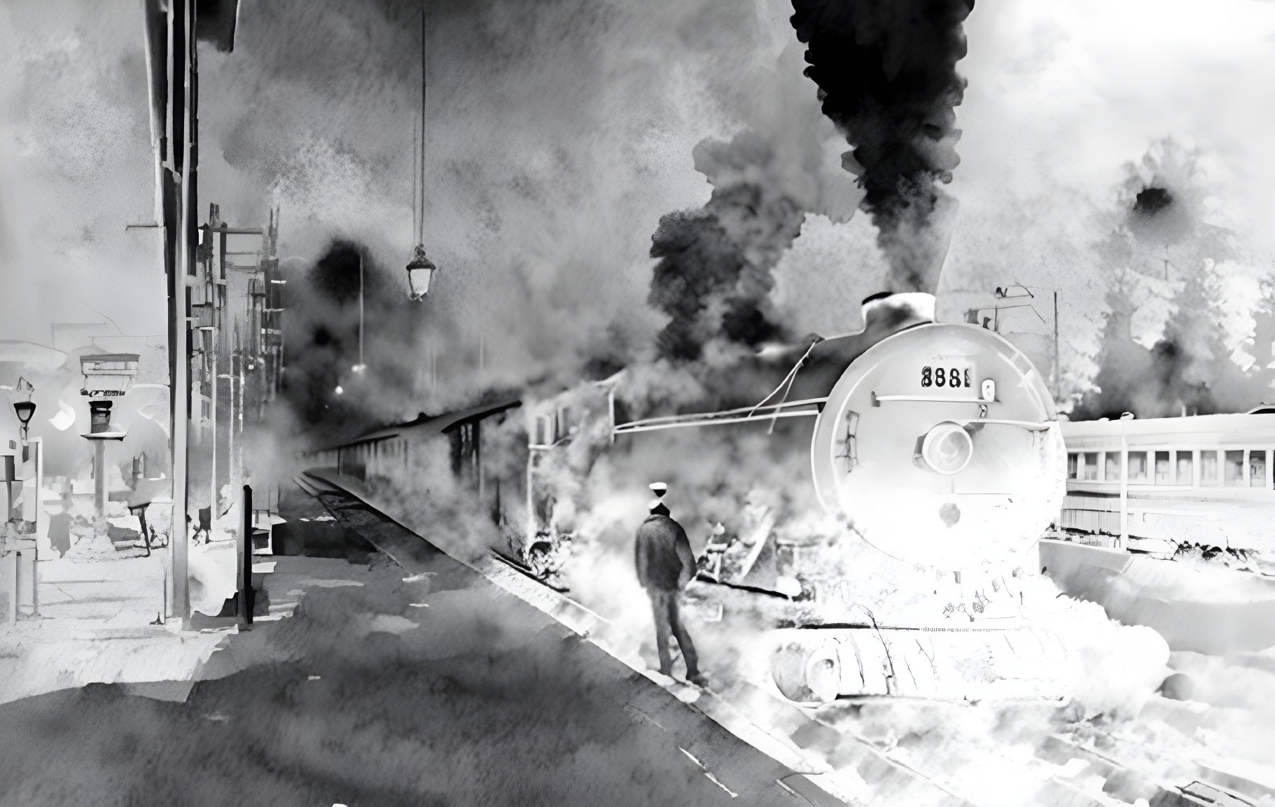 Monochromatic digital artwork of vintage steam train at station