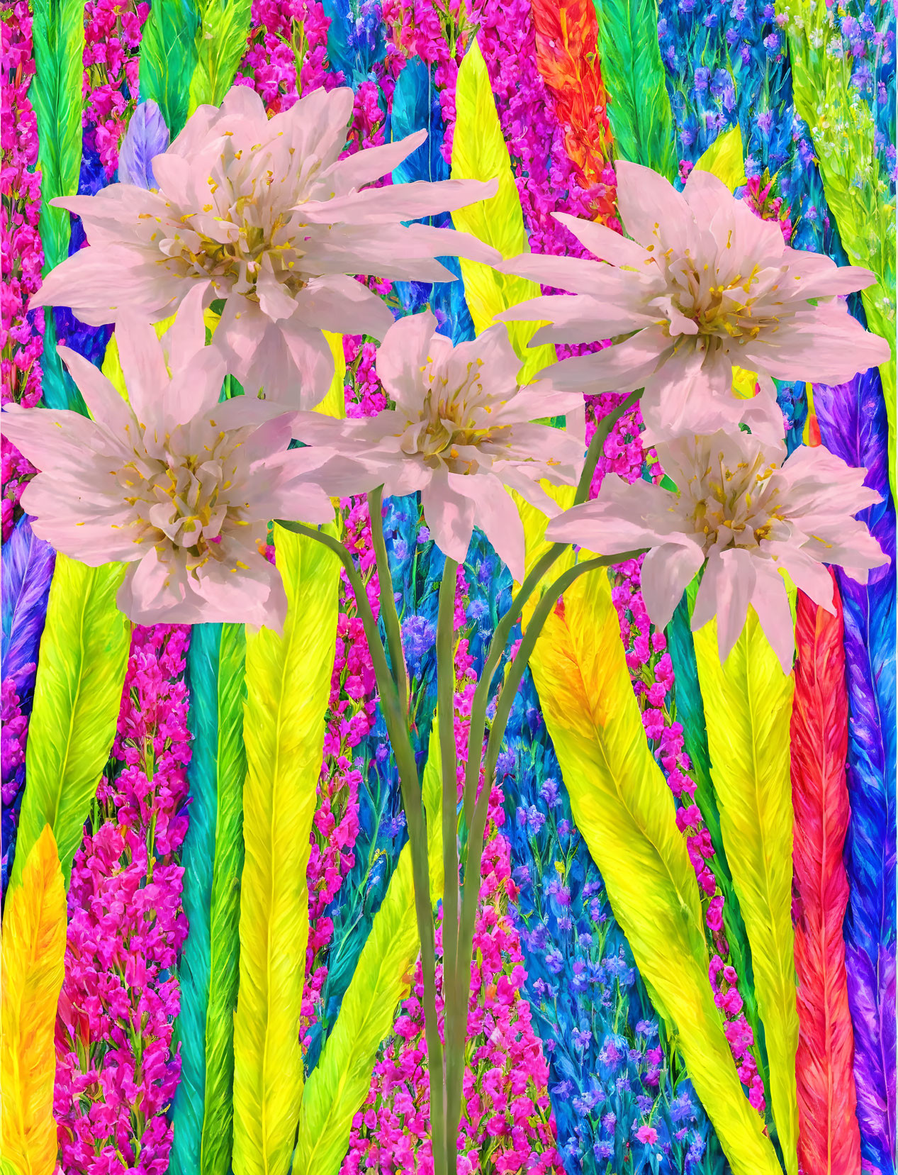 Colorful Floral Mosaic with Pink Flowers and Leaves