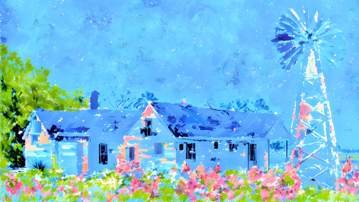 Impressionistic painting of quaint blue house with red roof and windmill surrounded by colorful flowers