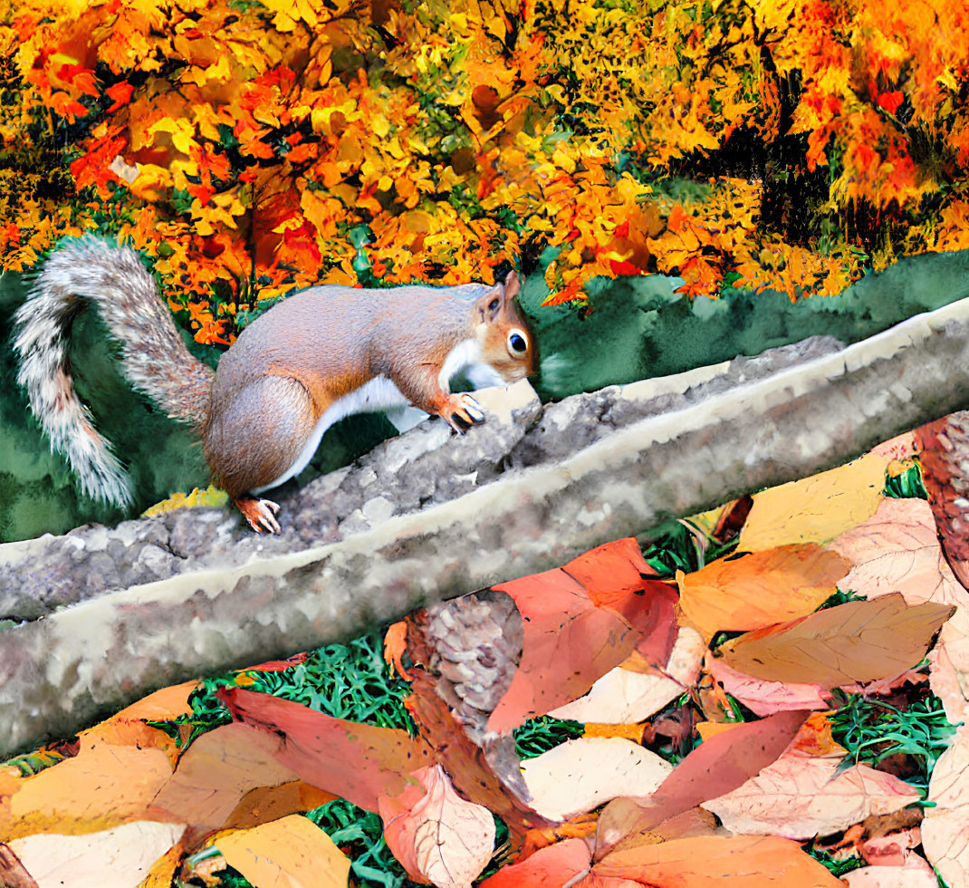 Squirrel on branch in vibrant autumn foliage