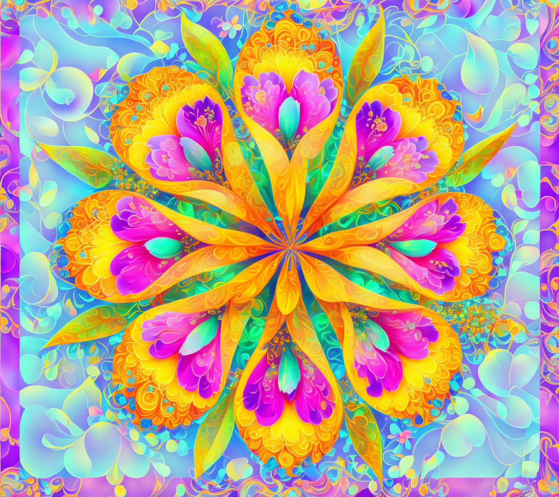 Colorful psychedelic floral digital art with intricate petals in pink, orange, and blue.