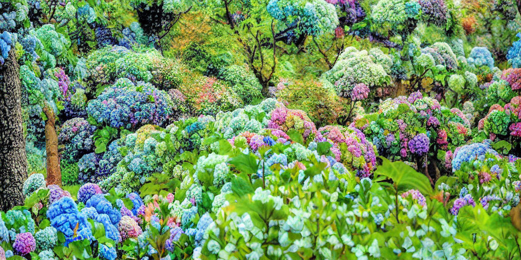 Colorful Hydrangea Bushes in Blue, Purple, and Green Garden