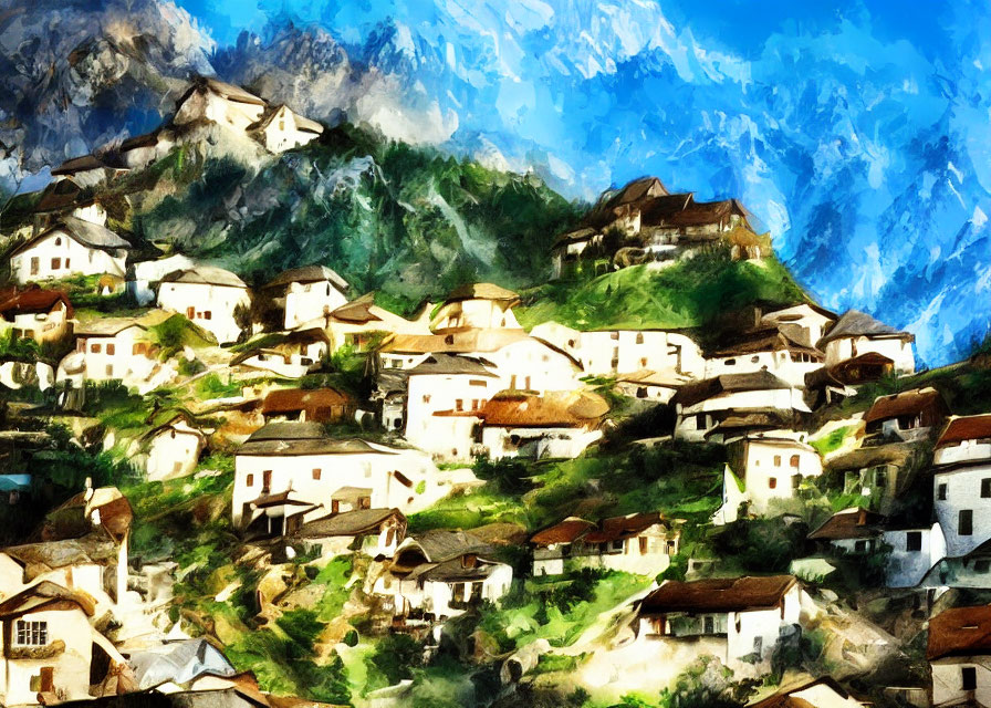 Scenic village with white houses and brown roofs on green mountain slope