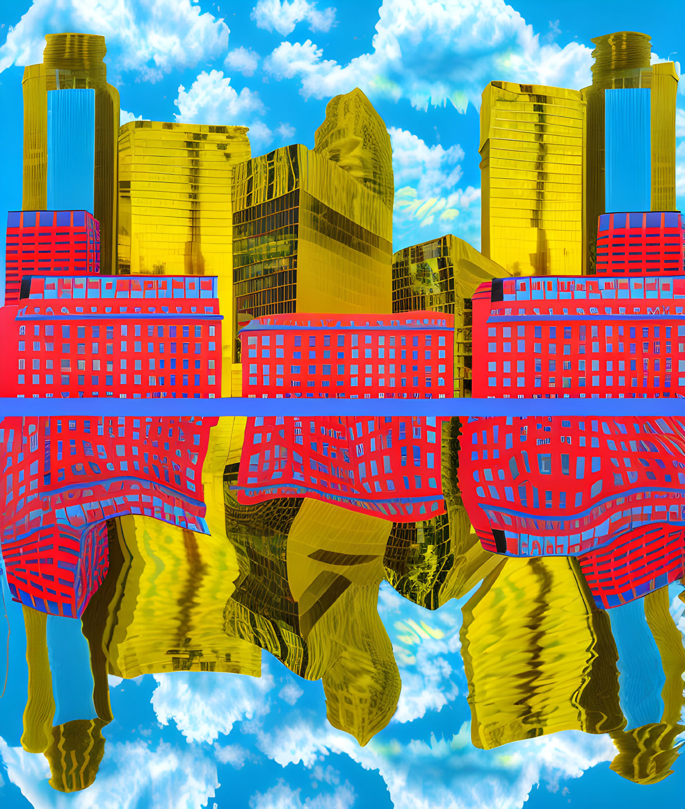 Mirrored Abstract Image: Vibrant Yellow and Red Buildings Reflecting in Blue Sky