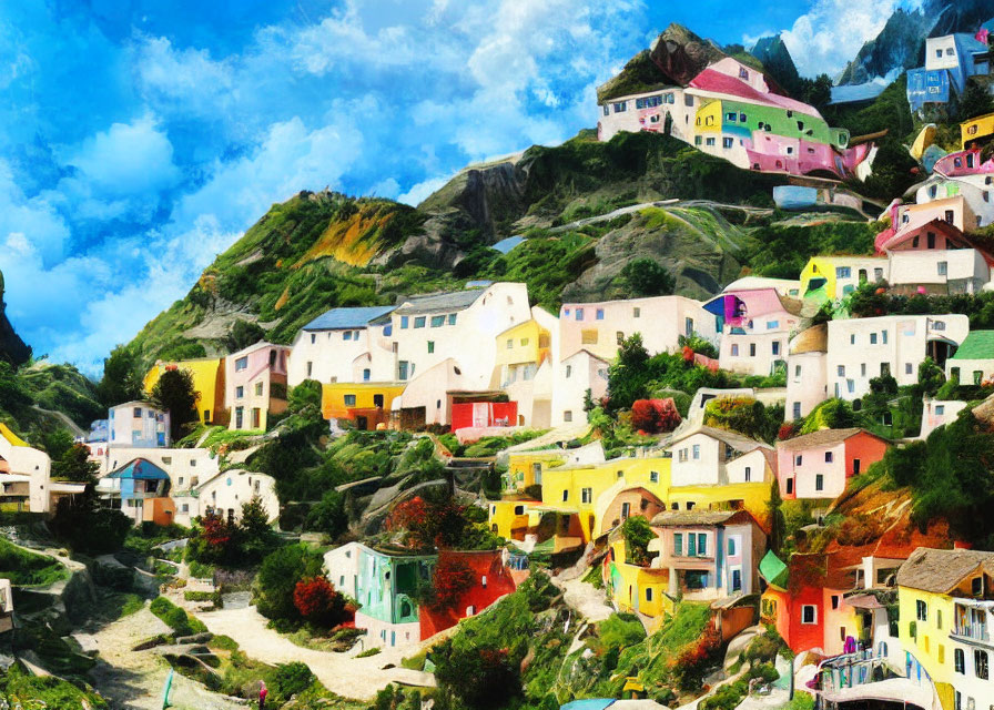 Colorful Hillside Village with Greenery and Blue Sky