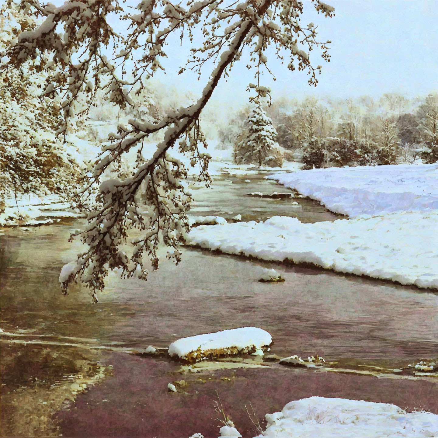 Snow-covered riverbank with flowing river and snowy rocks.