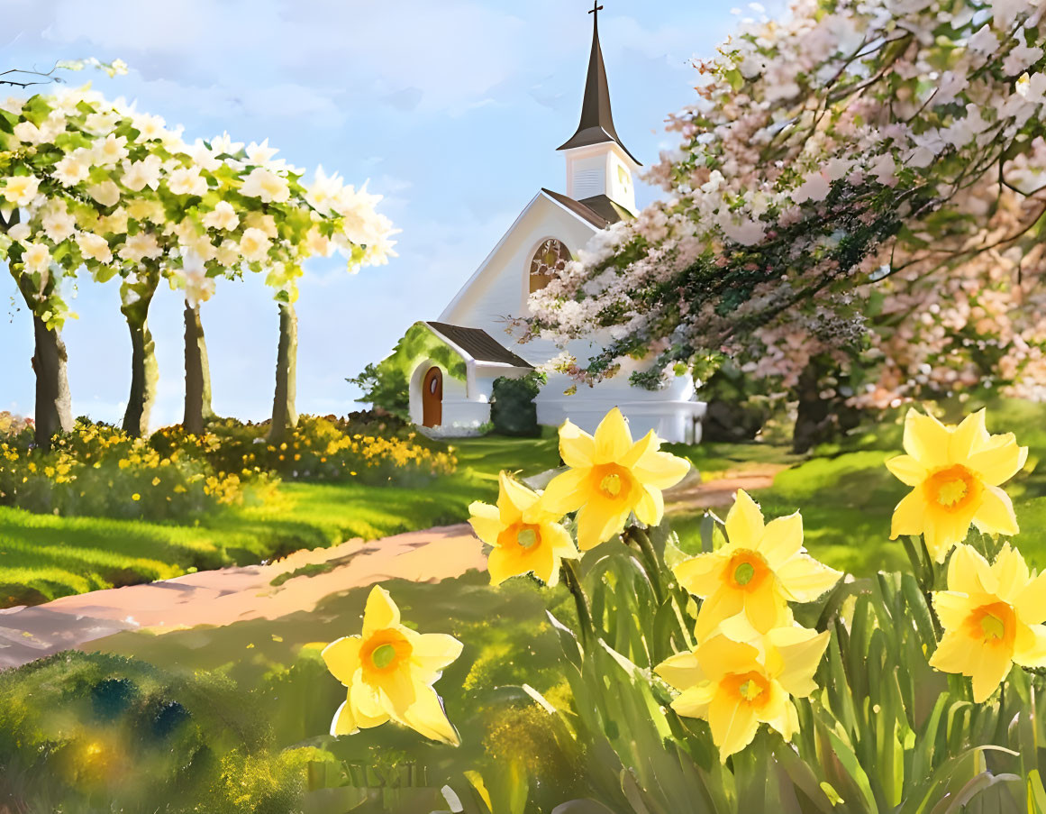 White church with steeple, blooming trees, yellow daffodils on a sunny day