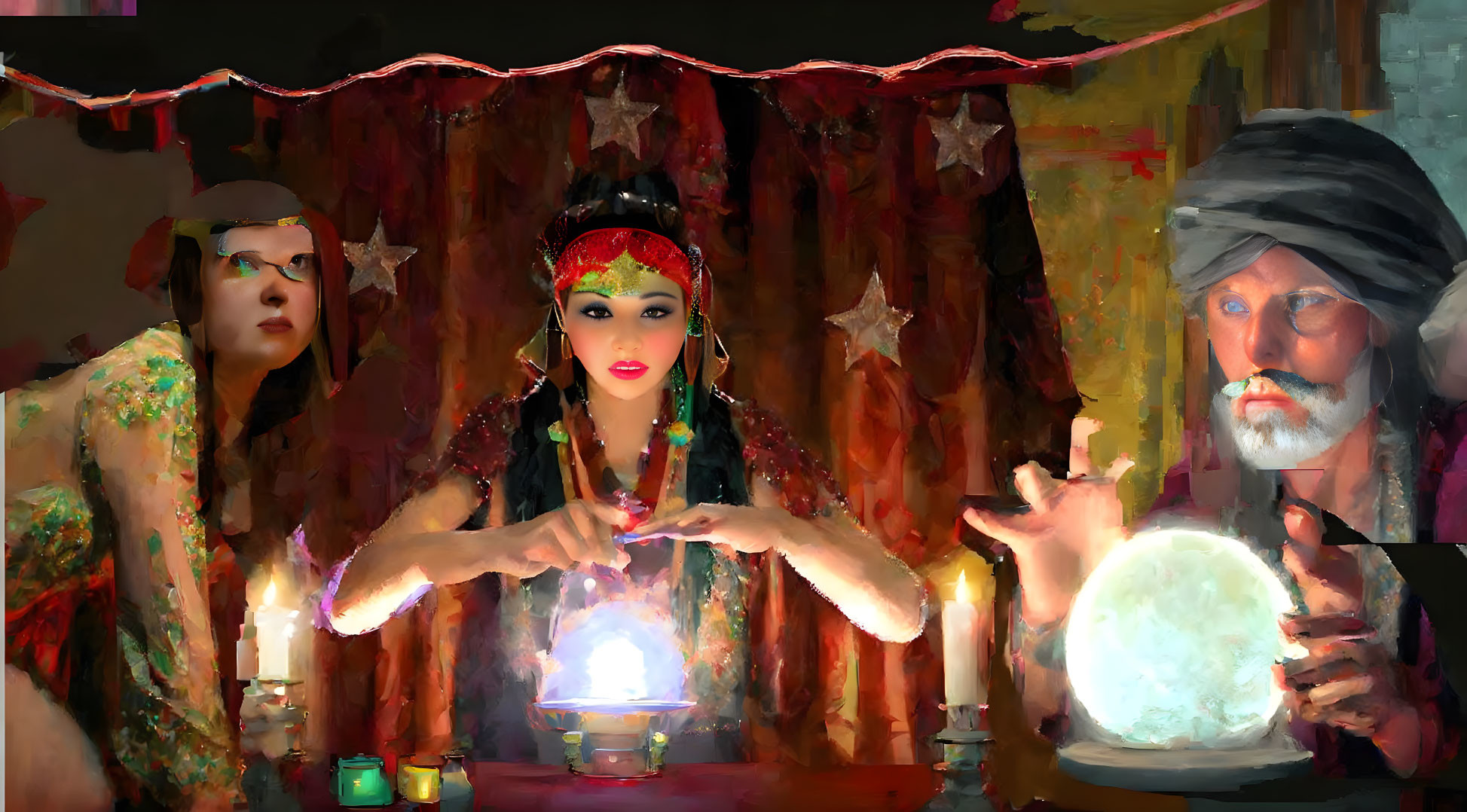 Three individuals in dimly lit room with glowing crystal ball and mystical decor.