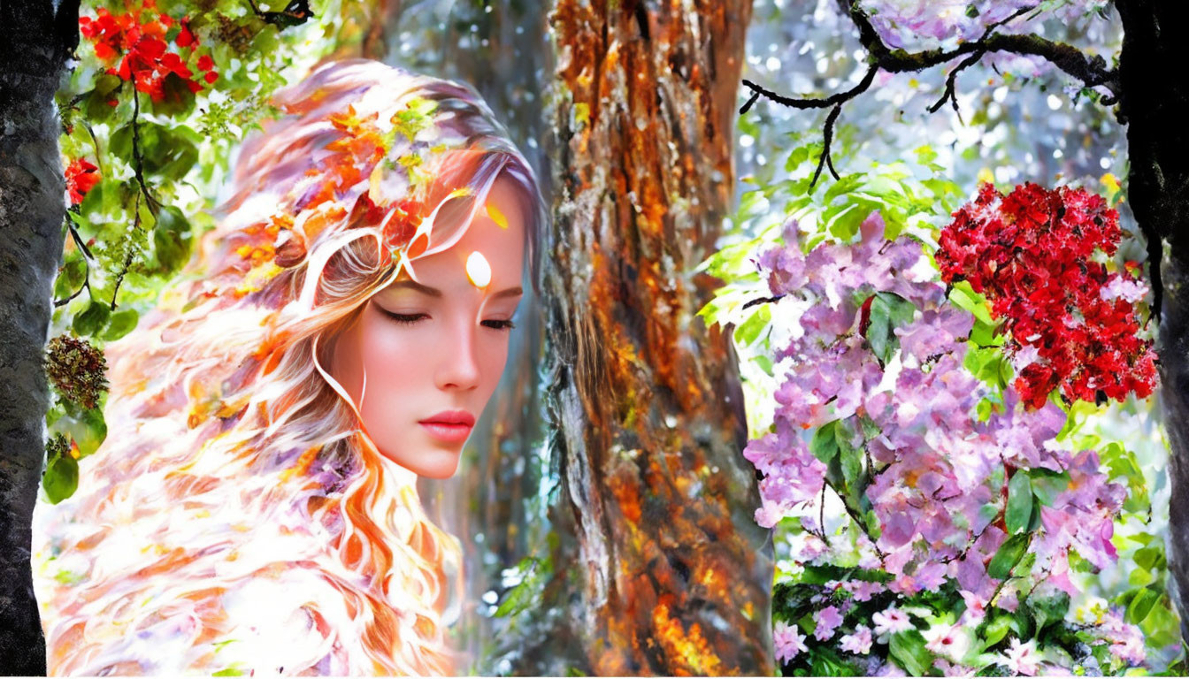 Digital artwork: Woman with flowing hair among vibrant flora and sunlight.