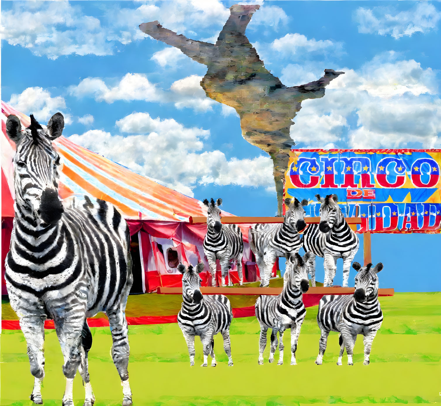 Zebras in front of colorful circus tent with "Circo de la Ciudad" banner and flying