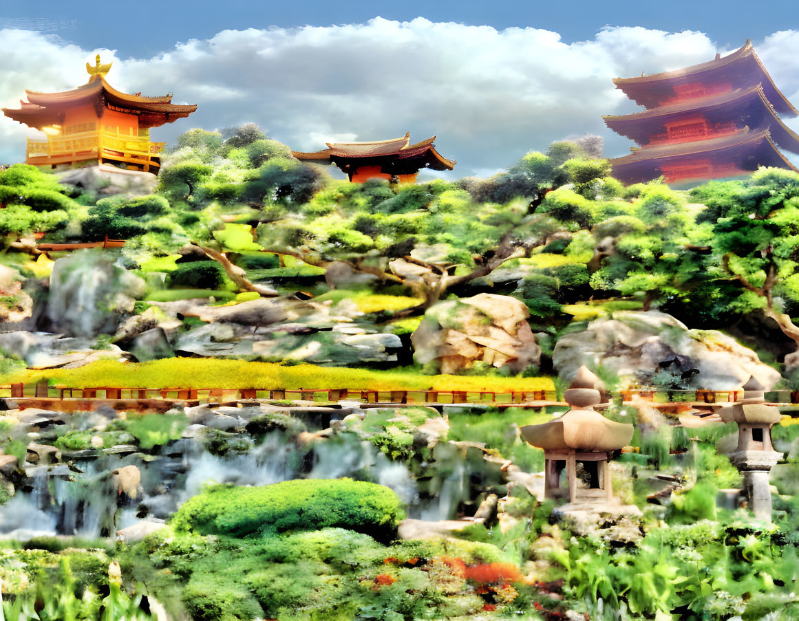 Traditional Chinese architecture with pagodas in lush greenery