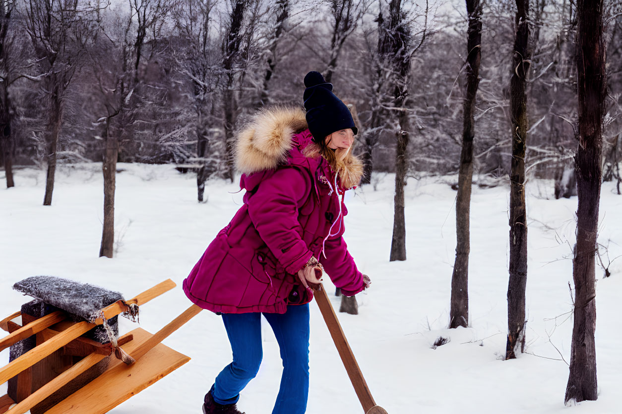 Girl in pink winter coat pulling wooden sled on snowy trail
