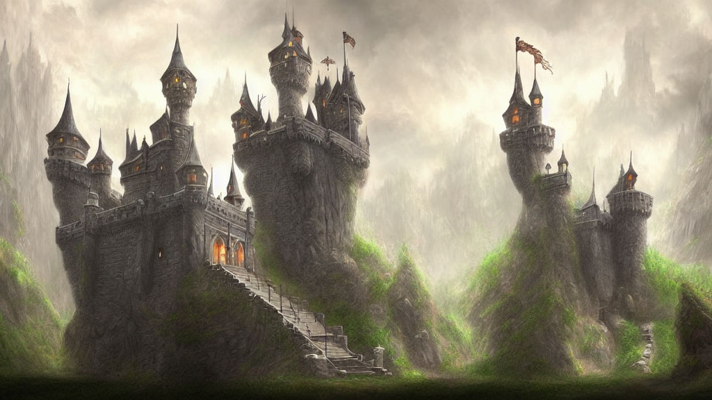 Mystical castle with towers on rocky cliff in misty setting