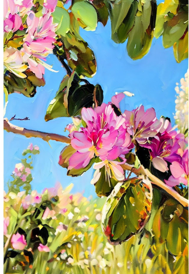 Colorful Oil Painting: Pink Blossoms, Blue Sky, Green Leaves