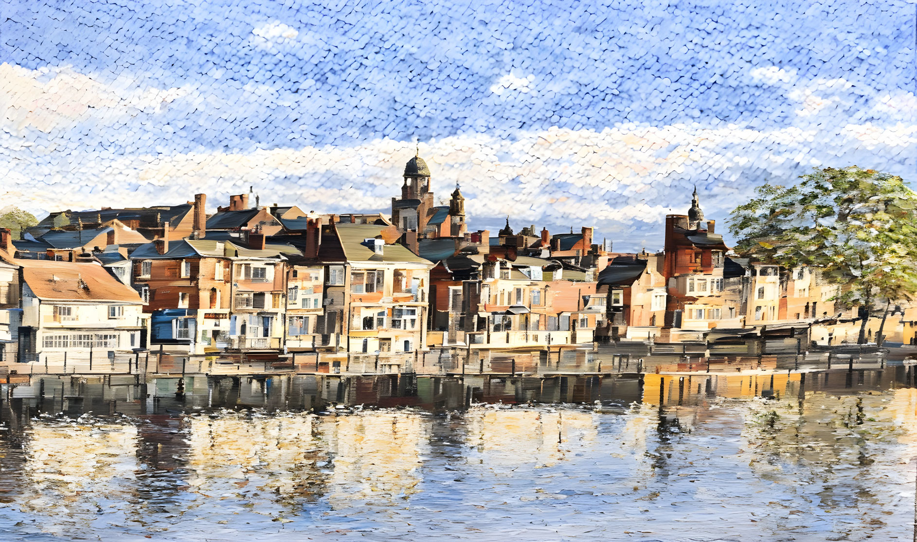 European Town with Historical Buildings Along River and Impressionist Brushstroke Effects