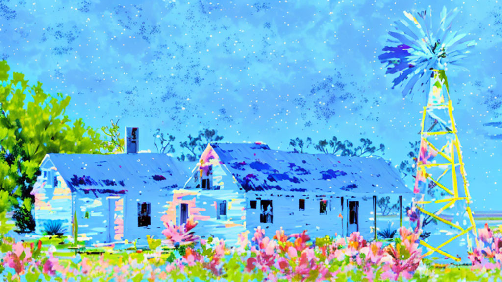 Rural scene with blue house, windmill, vibrant flowers under starry sky