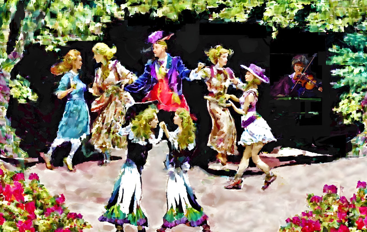 Colorful Impressionistic Painting of Dancing Individuals in Garden