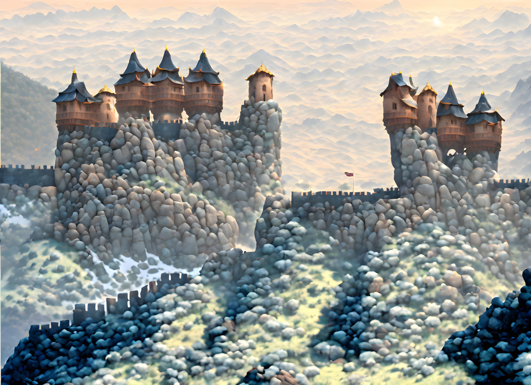 Surreal landscape with castle on stone boulders and layered hills