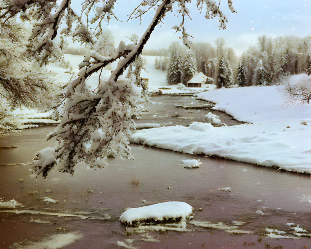 Snow-covered winter landscape with frozen river and small house