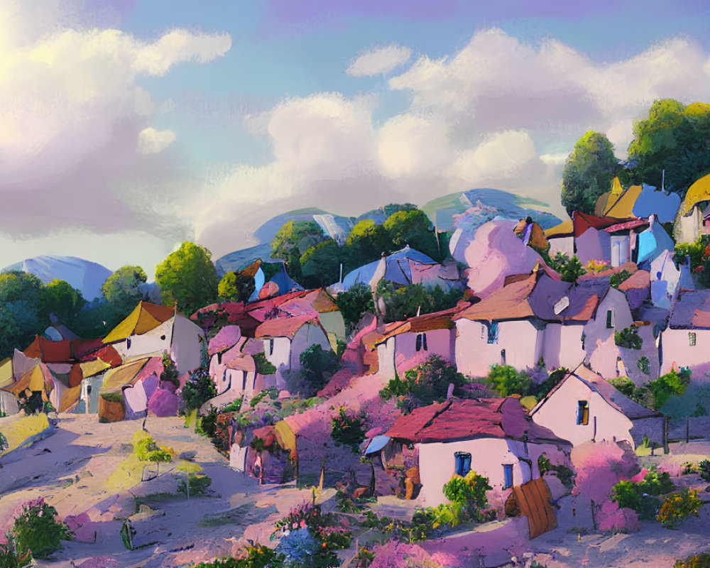 Traditional colorful village nestled in lush hills under warm sunlight