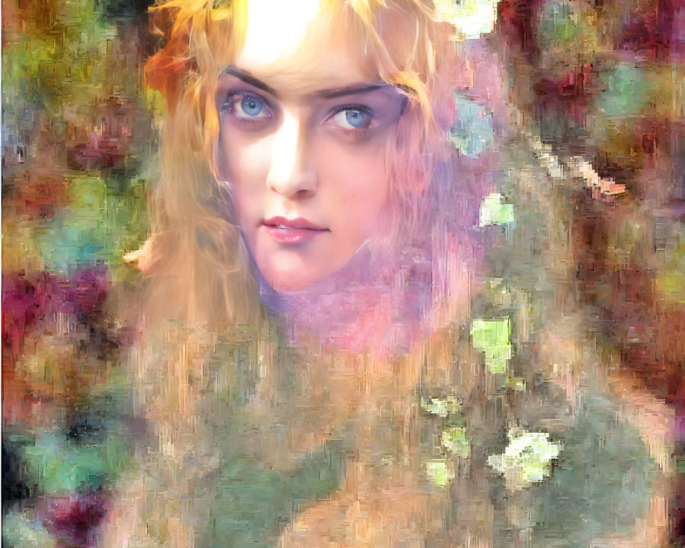 Blonde Woman Portrait with Blue Eyes and Floral Adornments