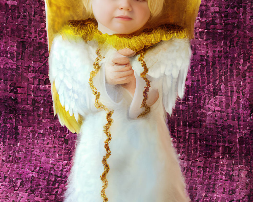 Cherubic angel figurine with golden wings and halo on pink background