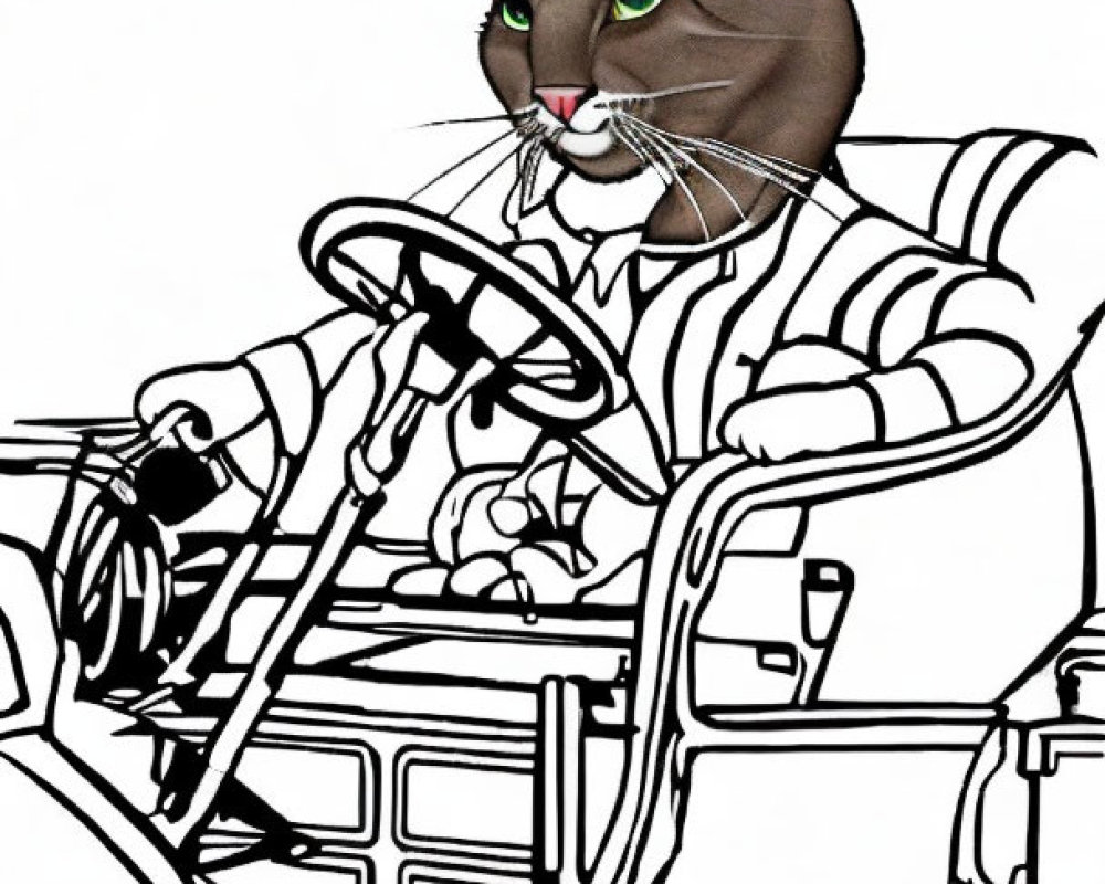 Cat with human body in striped outfit driving vintage car.