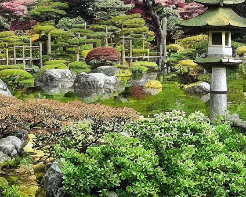 Japanese Garden with Greenery, Stone Lantern, and Serene Pond