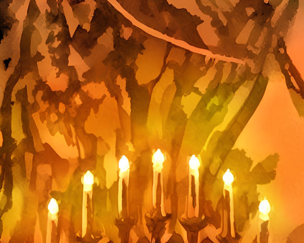 Tree with candle-lit branches and lanterns below