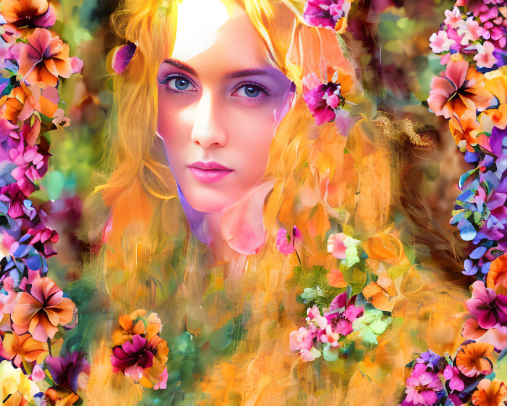Colorful Portrait of Woman with Striking Blue Eyes and Floral Motif