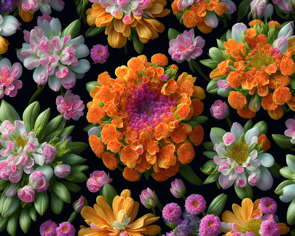 Colorful Floral Pattern with Marigolds, Gerberas, and Purple Blooms