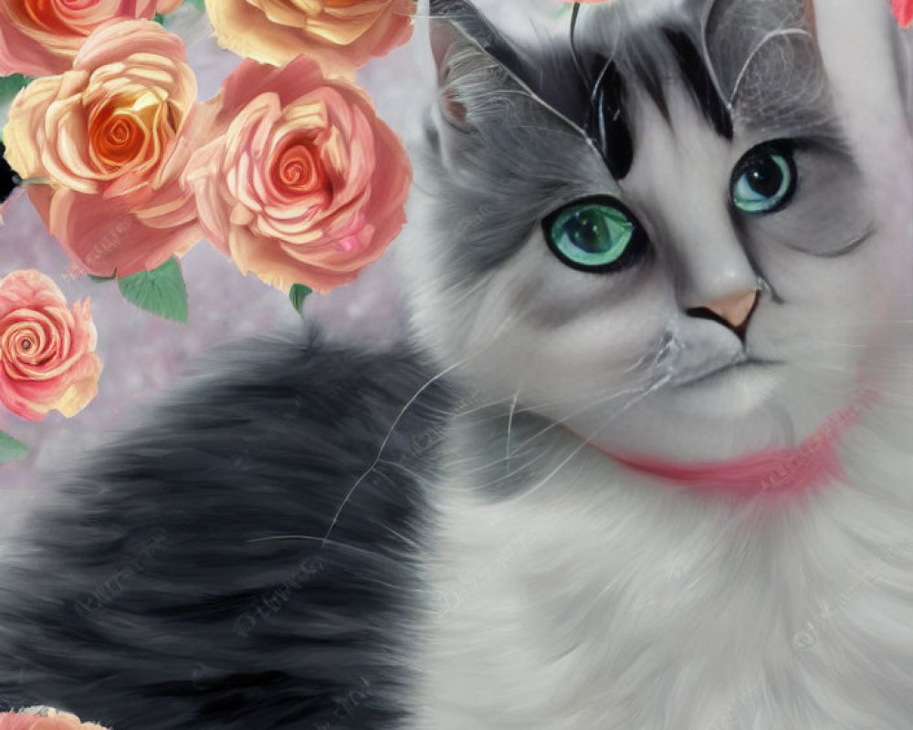 Close-up Black and White Cat with Green Eyes Among Pink and Orange Roses