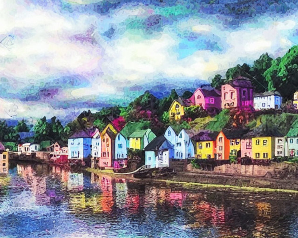 Scenic village with colorful houses by calm river