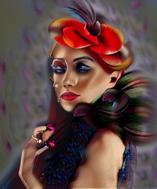 Colorful feather accessory woman portrait with dramatic makeup