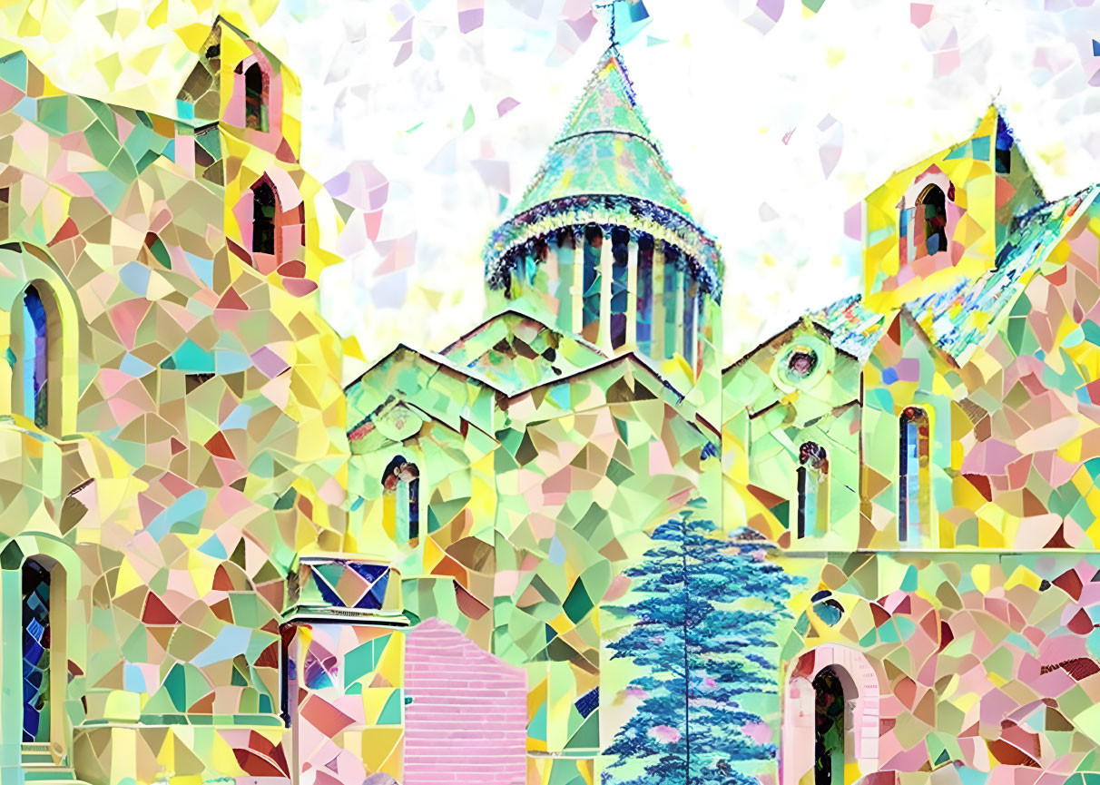 Abstract geometric cathedral with colorful mosaic detailing