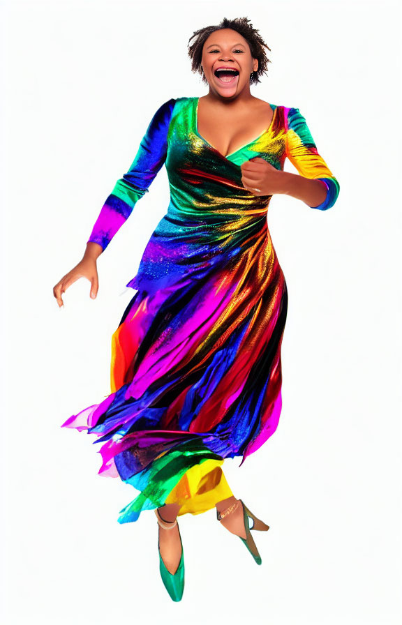 Colorful Woman Dancing in Rainbow Dress and Green Heels