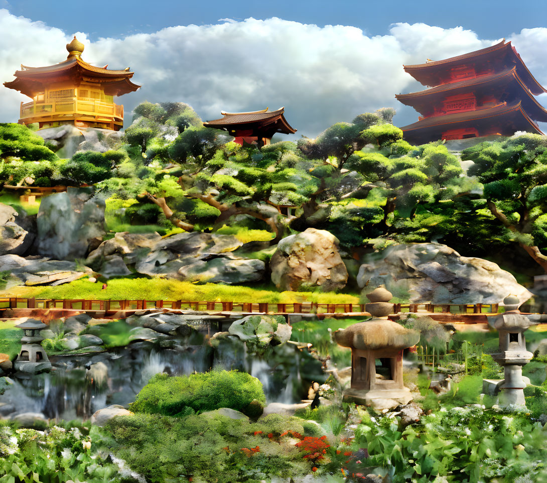 Serene Japanese garden with ponds, lanterns, bridge, and pagoda buildings